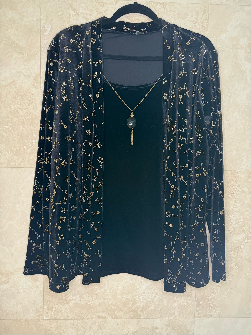 Elementz Black Gold Floral Shimmer Layered Top 2PC Look XL EUC